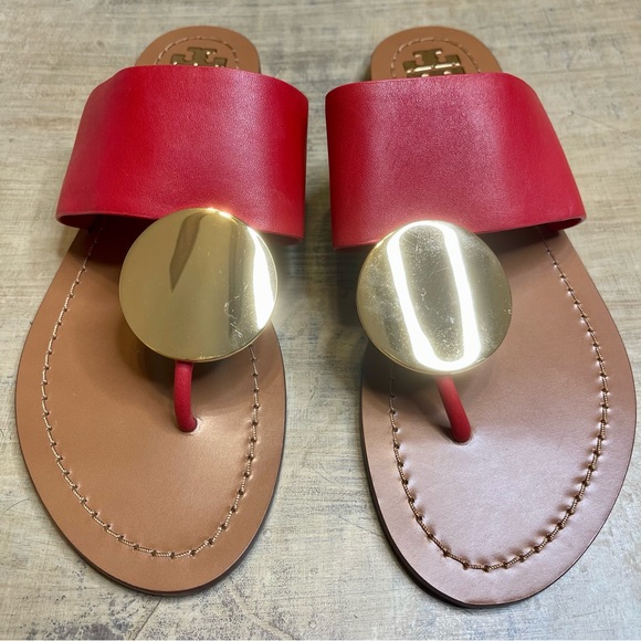 Tory Burch Patos Disk Thong Leather Sandals, Brilliant Red/Gold Size 7M - Picture 1 of 8